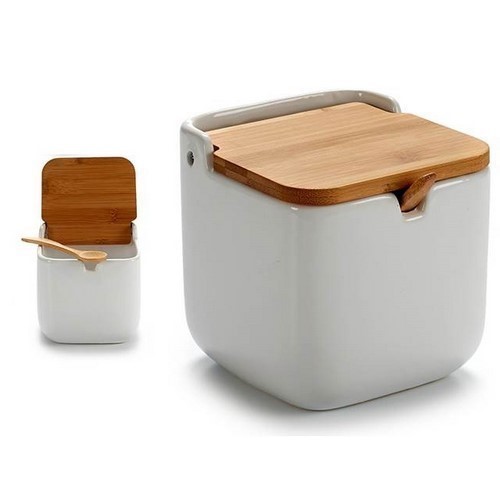 AZUCARERO CERAMICA BLANCO TAPA BAMBU C/CUCHARA